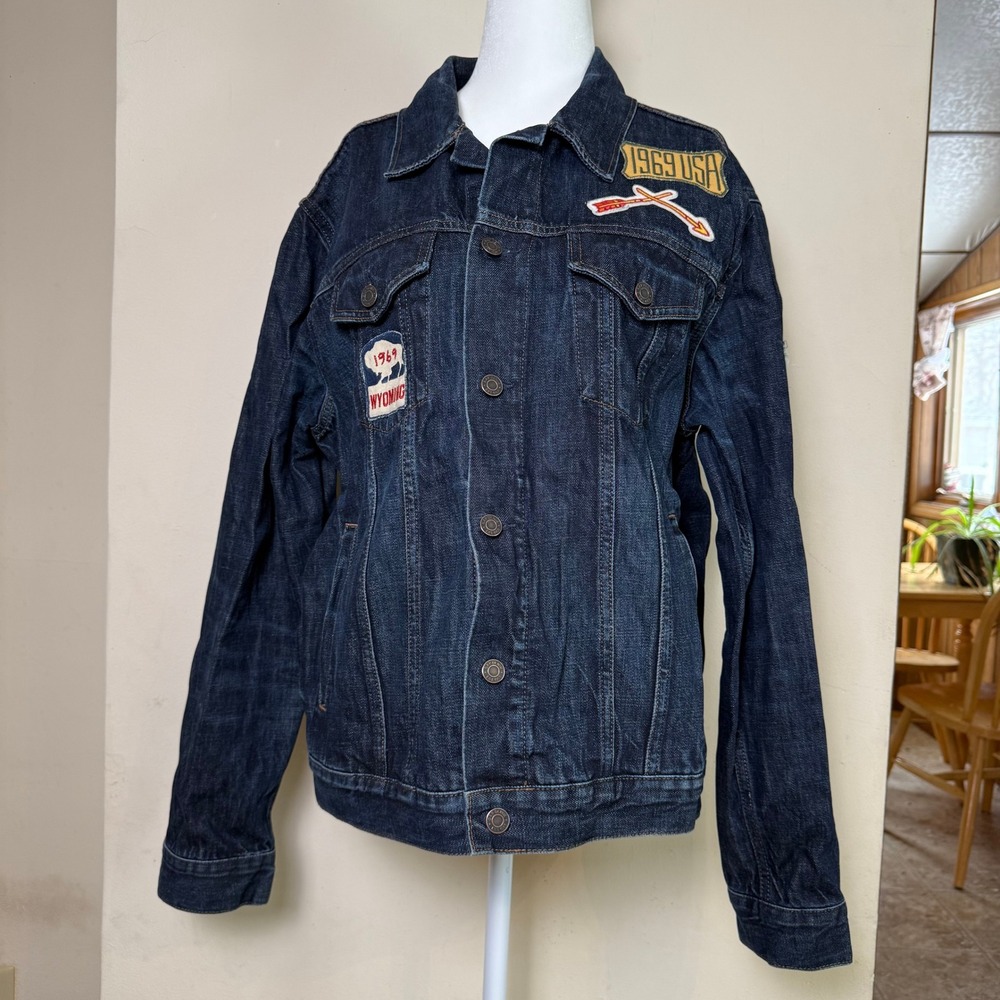 GAP 1969 Mens Cotton‎ Denim Jean Jacket Dark Wash Patches Classic Trucker Size L